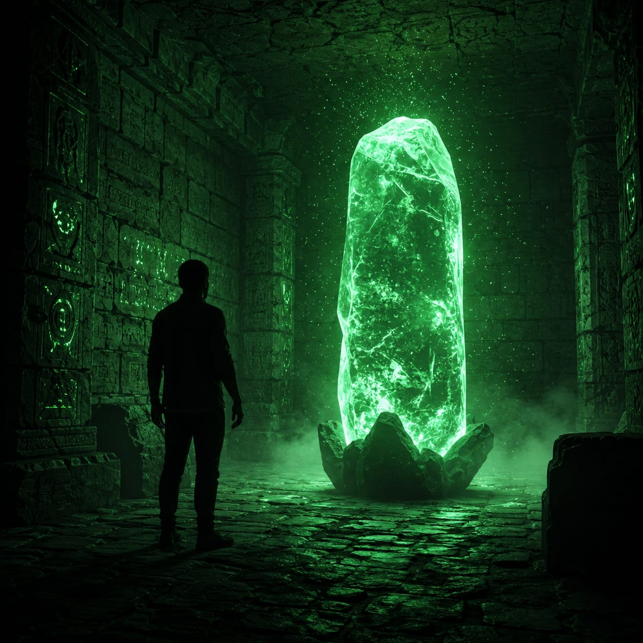 A luminous intelligence core inside a dark research chamber