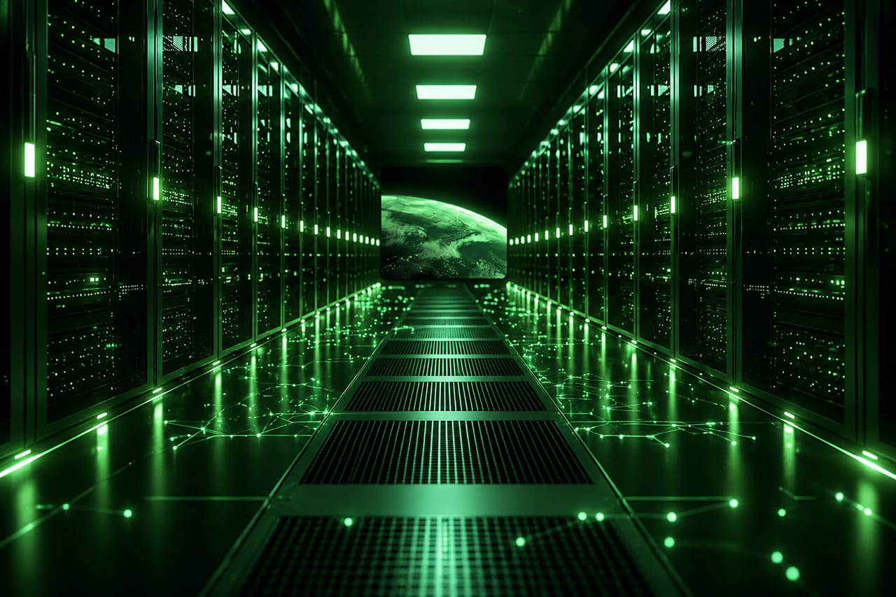 A corridor of illuminated server racks converging on a live view of Earth