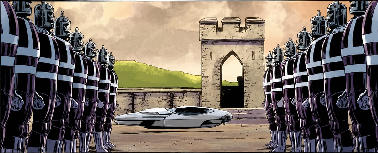 A ceremonial honour guard standing in ranks either side of a sleek hovering craft, facing an ancient stone gatehouse