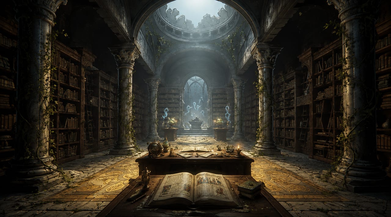 Riddlecore research archive in a monumental library